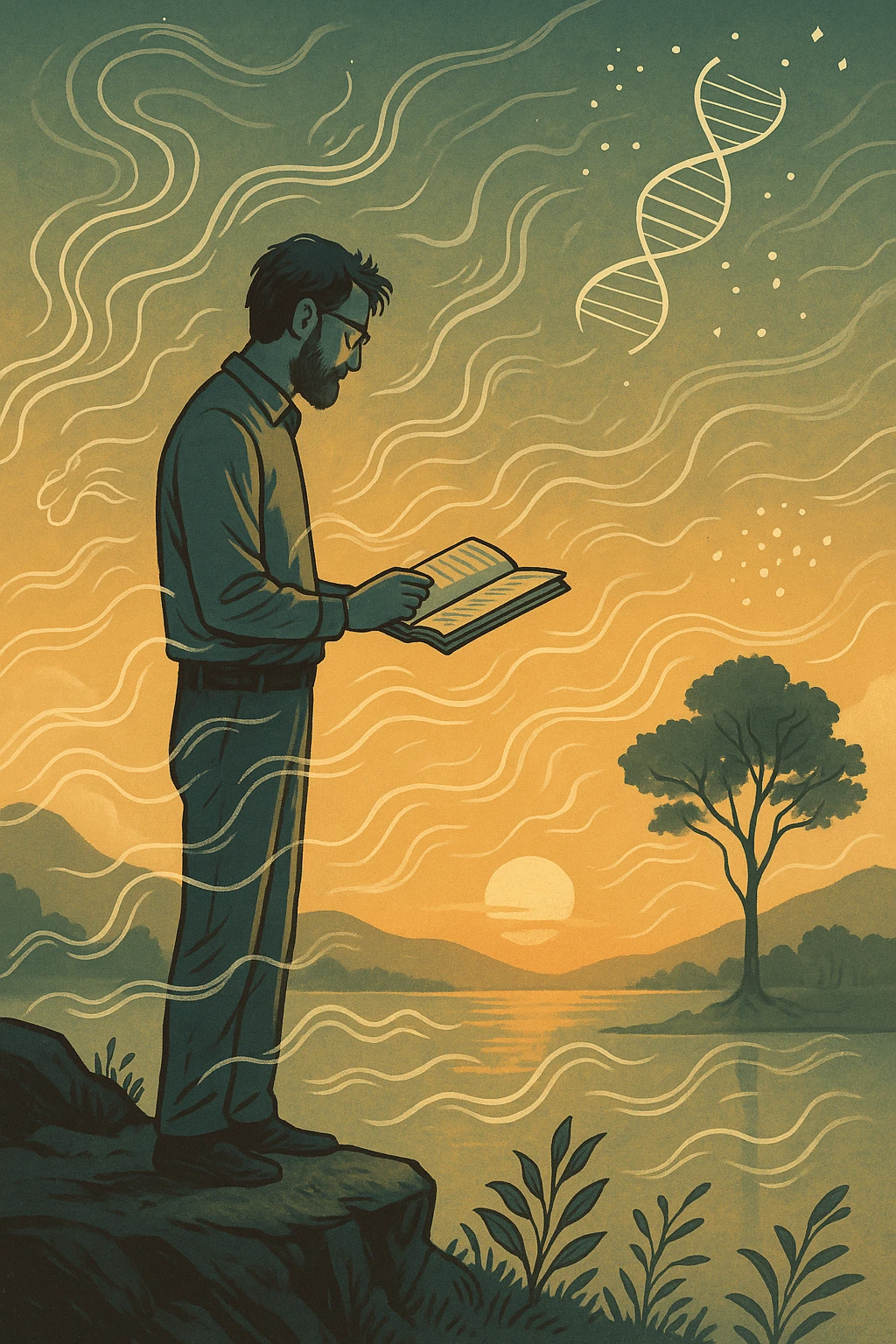 Ilustrasi ini menggambarkan suasana kontemplatif yang merefleksikan gagasan Prof. Khusnul Yaqin dalam opininya “Sinergitas Stres Lingkungan dan Monitoring Bernapas Ekologi Transenden.”